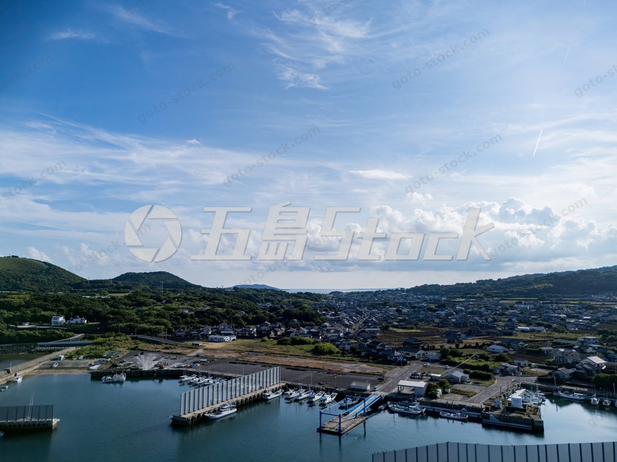 港に停泊する多くの船と青空の町並み
